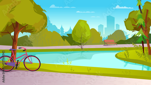 City park landing page in flat cartoon style. Public nature place, green trees, bench, roads for bicycle and walking, lake or river. Spring or summer scenery. Illustration of web background
