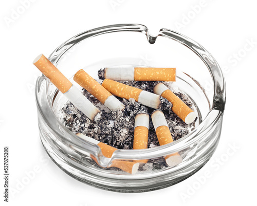 Burning cigarettes in ashtray on white background