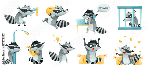 Raccoon Burglar with Striped Tail Wearing Mask Stealing and Hacking Vector Set