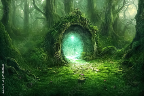 Magic teleport portal in mystic fairy tale forest. Gate to parallel fantasy world. 3D illustration.