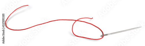Red thread and needle isolated on white background