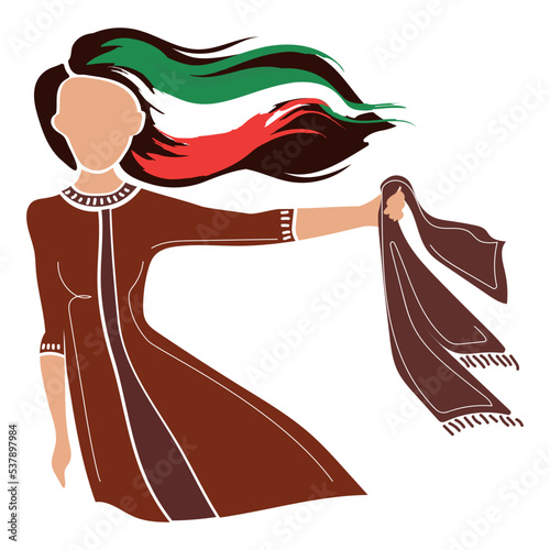 Woman activist with hijab in hand and flowing hair with Iran flag vector modern illustration isolated on white background.Poster against wearing the hijab. Women's Protest in Iran.