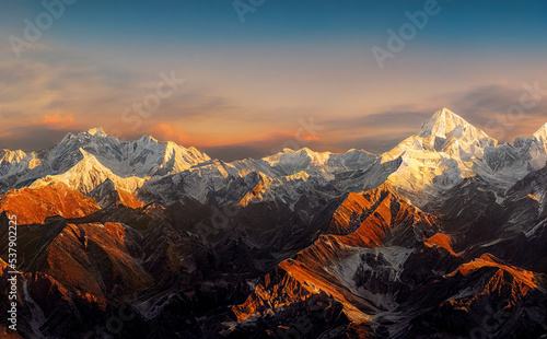 Panoramic view of himalayas mountains, Mount Everest. Panoramic view of the snowy mountains in Upper Mustang, Annapurna Nature Reserve, Nepal. 