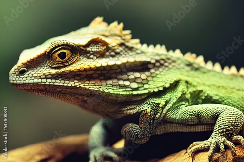 Cute baby of bearded agama dragon is sitting on log in his terrarium with open mouth. Exotic domestic animal, pet. The content of the lizard at home.