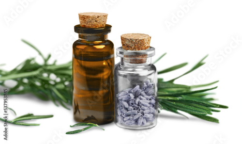 Rosemary and lavender essential oil isolated on white