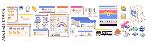 Retro user interface elements in vaporwave aesthetic, 90s, 00s style. Old UI design of dialogue window, system computer message. Colored flat graphic vector illustrations isolated on white background