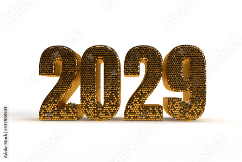 New Year's Eve hive with bee on honey comb Shiny hexagonal gold number 2029 on a black background with bee. 