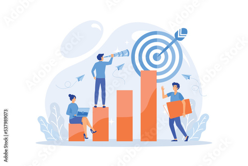 Businessman on top looking into telescope and employees. Business opportunity, bizopp and franchising, distribution concept on white background, flat vector modern illustration
