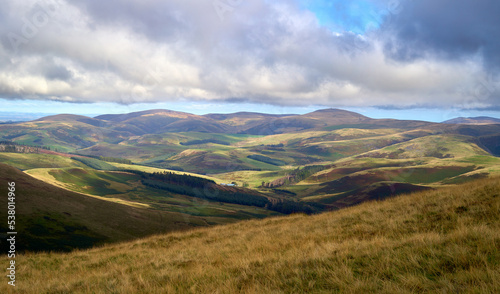 Views of Kelsocleuch Burn over the Scottish border from Windy Gyle in the Cheviot Hills in Northumberland, England