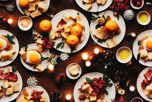 Background with christmas breakfast with decorations on a table