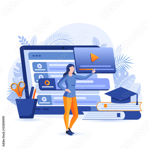Video tutorials scene. Woman watches webinars, courses and training videos from laptop. Online education, e-learning, distance learning concept. Illustration of people characters in flat design