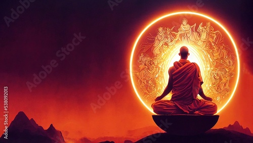Illustration artwork of meditating monk sitting in a dark place and looking at a bright circle