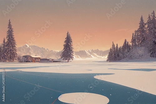 Empty ice rink in winter mountain landscape