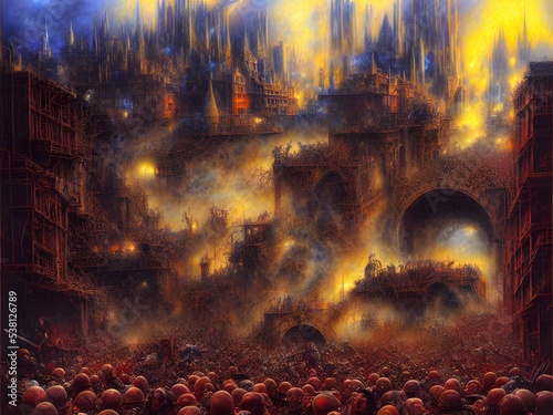 Burning futuristic city with remains and skulls on the ground, huge cinematic scene, white yellow and red lights, castles and amazing structures, halloween horror fantasy