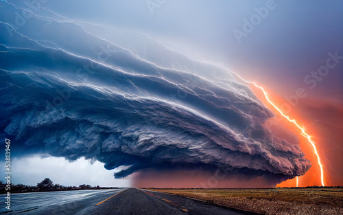 dramatic and powerful tornado. Lightning thunderstorm flash over the night sky. Concept on topic weather, cataclysms (hurricane, Typhoon, tornado, storm). Stormy Landscape.