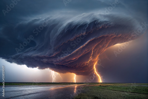 dramatic and powerful tornado. Lightning thunderstorm flash over the night sky. Concept on topic weather, cataclysms (hurricane, Typhoon, tornado, storm). Stormy Landscape.