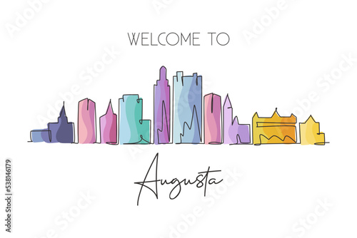 Single continuous line drawing of Augusta city skyline, Georgia. Famous city scraper landscape. World travel home wall decor art poster print concept. Modern one line draw design vector illustration