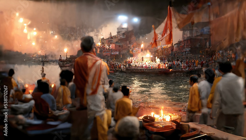 AI generated image of Ganga Aarti in progress at the bank of river Ganga in Varanasi, India