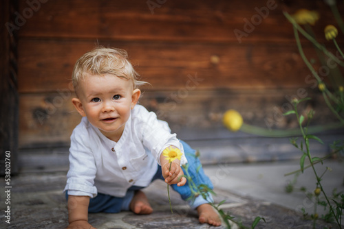 one year old happy blond baby boy in white shirt sitting outside on the ground infront of a rustic wooden hut and holding a yellow marguerite flower to send love and happiness