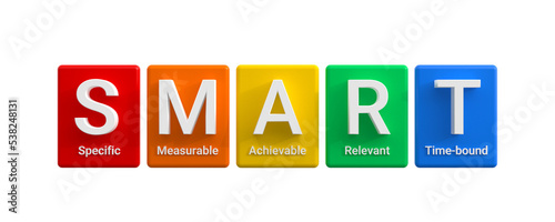 Concept of SMART - a strategy for setting goals and objectives - Specific, Measurable, Achievable, Relevant and Time-bound. Colored cubes isolated on white background. 3D rendering