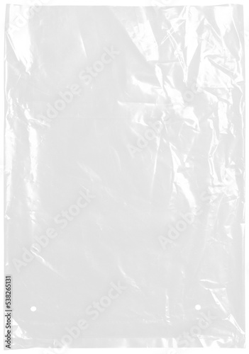 plastic transparent cellophane bag on white background. The texture looks blank and shiny. The plastic surface is wrinkly and tattered making abstract pattern.