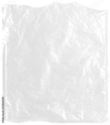 plastic transparent cellophane bag on white background. The texture looks blank and shiny. The plastic surface is wrinkly and tattered making abstract pattern.