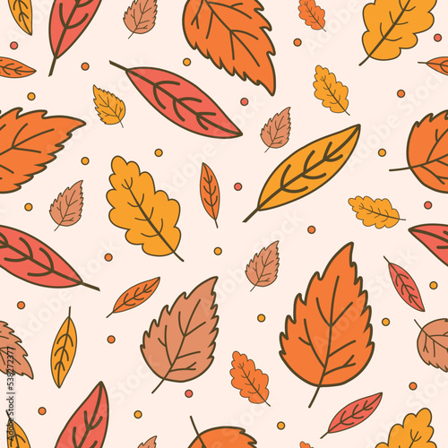 Orange autumn leaves background, fall leaf seamless pattern
