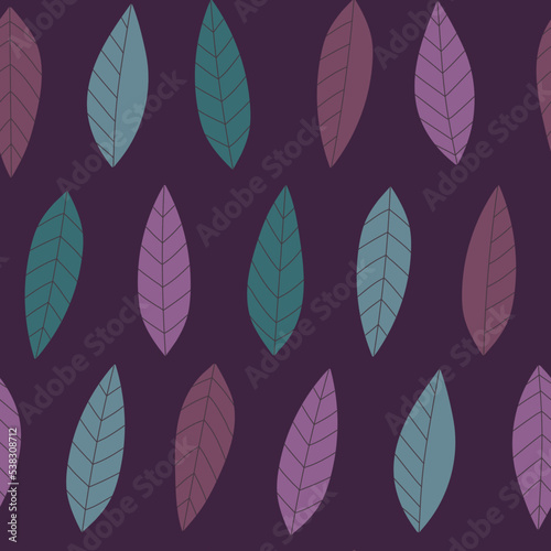 Vector seamless pattern with leaves on dark background. Floral seamless pattern in scandinavian style. Natural fabric design in hand-drawn style. For textiles, wrapping paper, gift paper