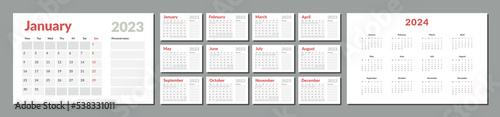 2023-2024 Calendar Planner Template with place for notes. Vector layout of a wall or desk simple calendar with week start monday. Calendar grid in grey color for print
