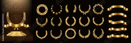 Set of golden ribbons, laurel wreaths of different shapes for 3d winners gold podium