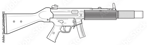 Vector illustration of the MP5SD machine gun with silencer and short magazine on the white background. Right side.