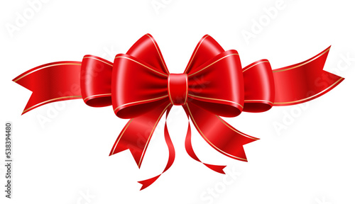 Red Christmas bow with golden border. Vector volumetric illustration.