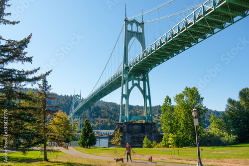 Scenic St Johns Bridge spans the Willamette River and Cathedral Park in north Portland Oregon