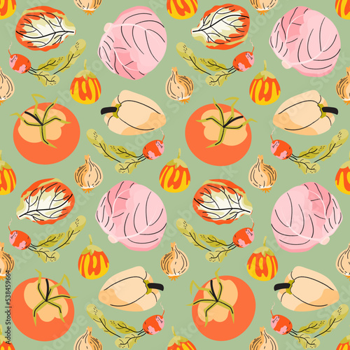 Vegetables seamless pattern. Flat colorful cabbage, tomato, pepper and eggplant background for farmers market, vegan menu, print design, kitchen textile