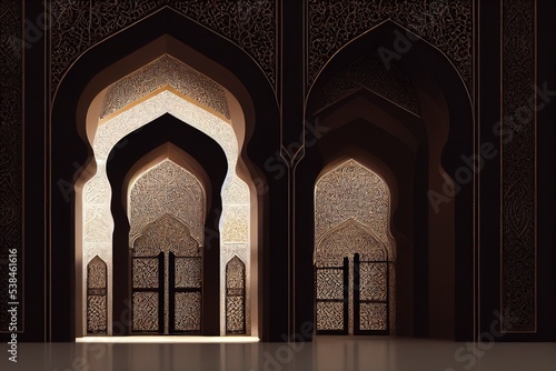 Islamic style arches, internal gate with golden ornament in black wall 3d illustration