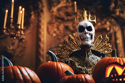 Halloween background with Jack O Lantern king with skull head, sits proudly on a throne surrounded by pumpkins. Illustration concept 3D