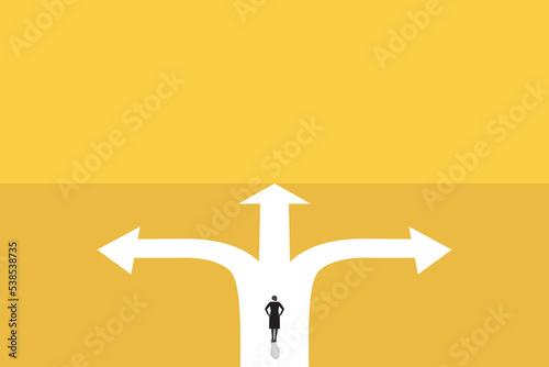 business woman stand in front of a crossroad with road split in three different ways as arrows. Business decision making, career path, work direction or choose the right way to success concept.