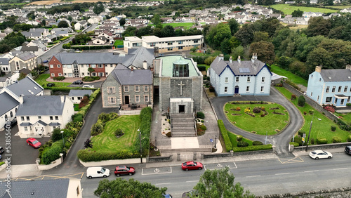 Aerial photo of St Pius X Parish Church Moville on the Wild Atlantic Way Donegal Ireland