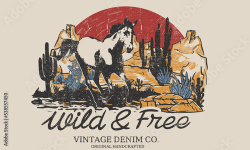 Arizona desert vibes adventure vintage graphic print design for t shirt. Wild and free artwork design for sticker, poster, batch, background and others. Horse design.