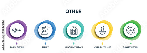 editable thin line icons with infographic template. infographic for other concept. included baby's rattle, sleepy, church with bats, wooden stamper, roulette table icons.
