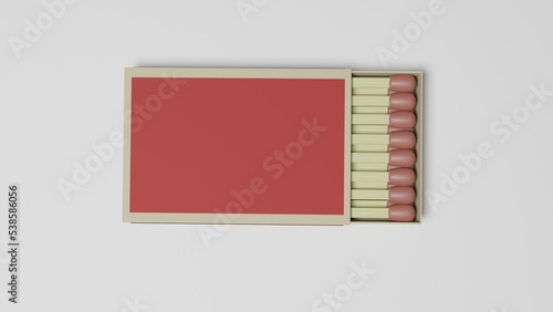 Half opened paper matchbox with wooden red matches isolated on white surface. 3D render