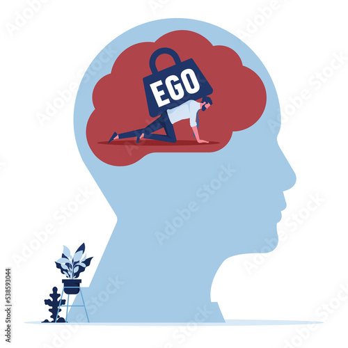 Businessman can barely crawl with a heavy load called ego on his back, the concept of the ego as a habit interfering with a full life