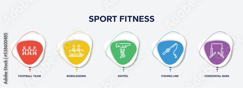infographic element template with sport fitness outline icons such as football team, bobsledding, rappel, fishing line, horizontal bars vector.