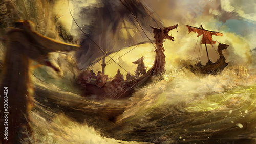 Epic Viking dragon boats sail through the raging sea in bright sunlight. waves are beating against ships, and heroic warriors in helmets with horns are standing on the deck. they are traveling. 2D art