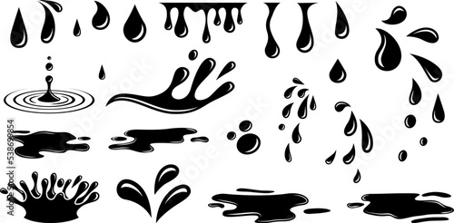 Puddles drops splashing water. Dripping liquid elements, isolated black ink flow. Tears flowing vector silhouettes, oil or rain drips