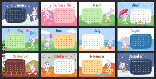 Rabbit wall calendar. Chinese 2023 year bunny monthly planner design for family, kid gift poster with month birthday funny cartoon cute animal, ingenious cards vector illustration