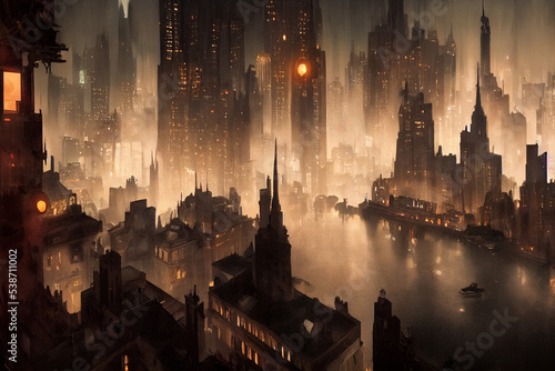 Concept art illustration of Gotham city at night