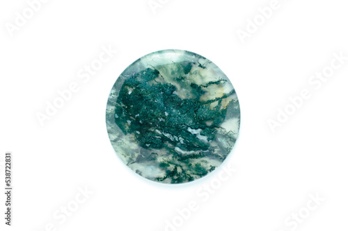 green moss agate (chalcedony crystal with green dendritic inclusion) macro detail white isolated background. close-up polished semi-precious gemstone copy space.