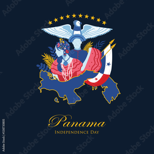 VECTORS. Editable banner for Panama Independence Day and patriotic events, November, folklore, flag, national bird, map