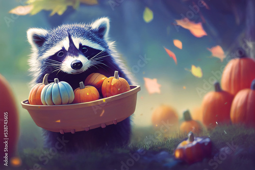 Raccoon carrying a bushel of pumpkins.